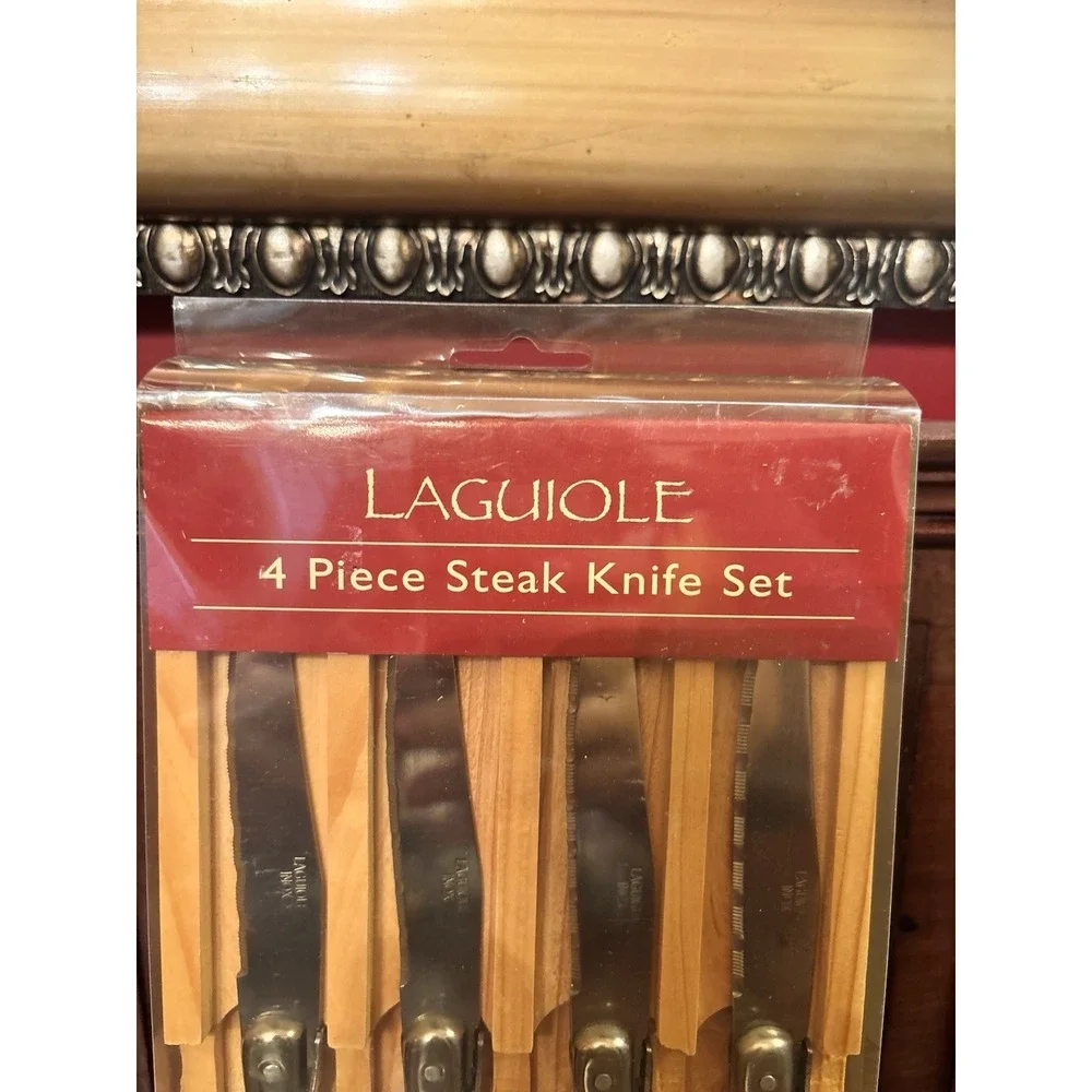 Laguiole 4 Pc Steak Knife Set Wood Handle Stainless Serrated Blades NIB Vintage